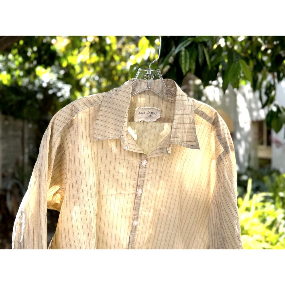 Greg Lauren Studio Ivory B&W Stripe LS Buttn Down Raw Hem Shirt Size GL 3 = US L - Picture 2 of 8